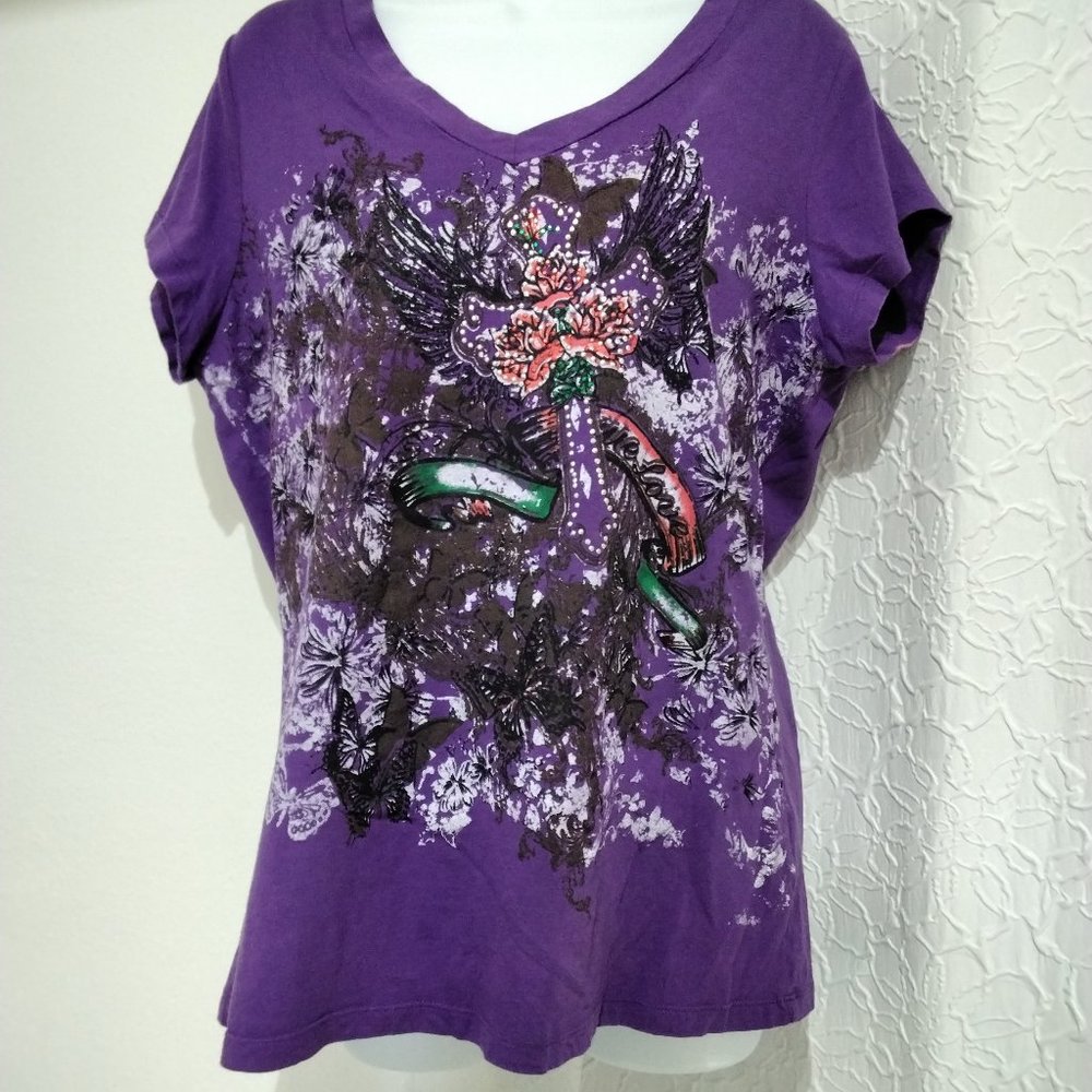 Candy Rain T-shirt Purple Women Size 2XL Embellishment V neck True Love Inv002